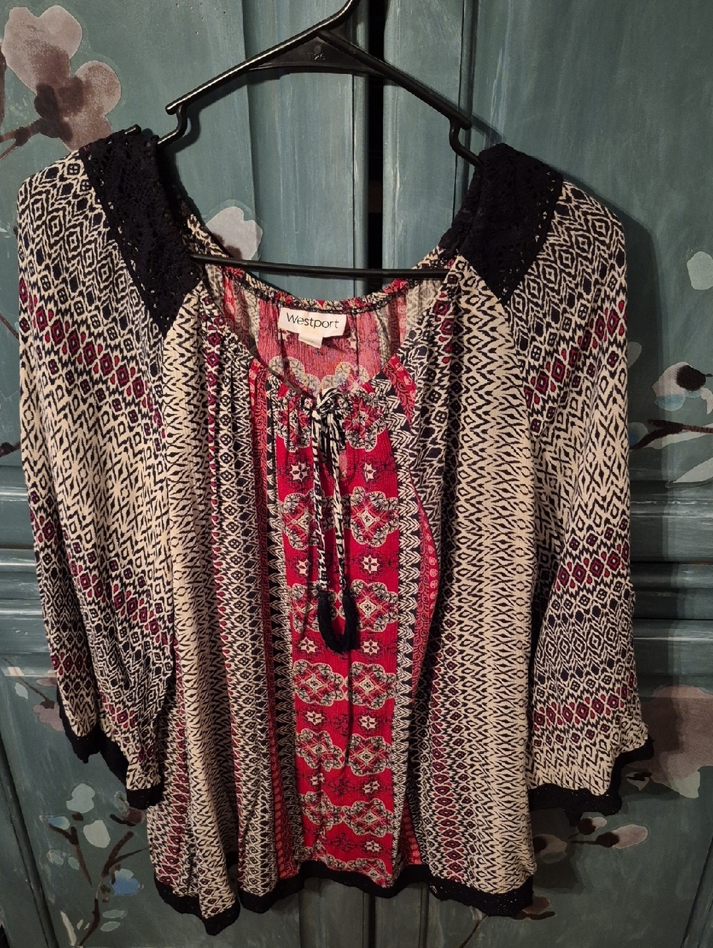 Westport Red, Black & Cream Printed Peasant Blouse
